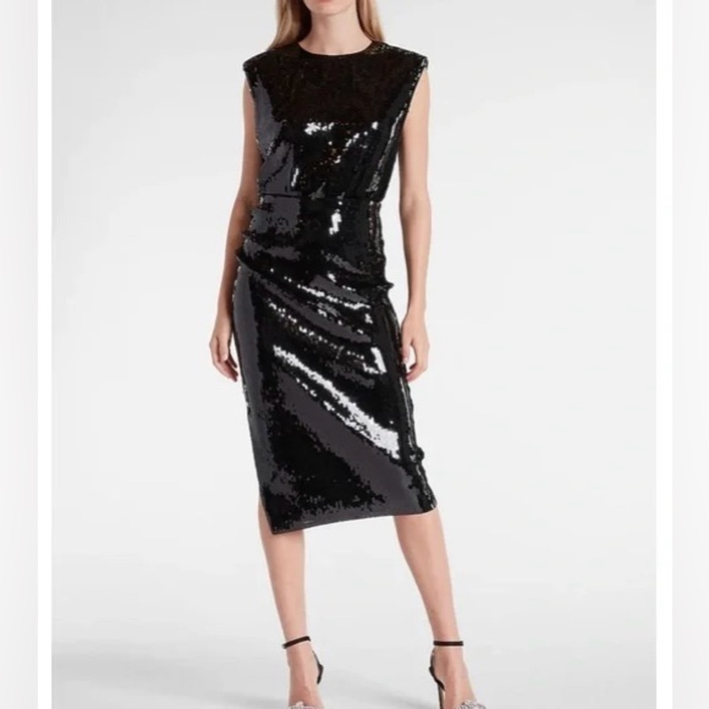 Express Sequin Midi Dress with shoulder pads Black style# 07806671 NWOT New